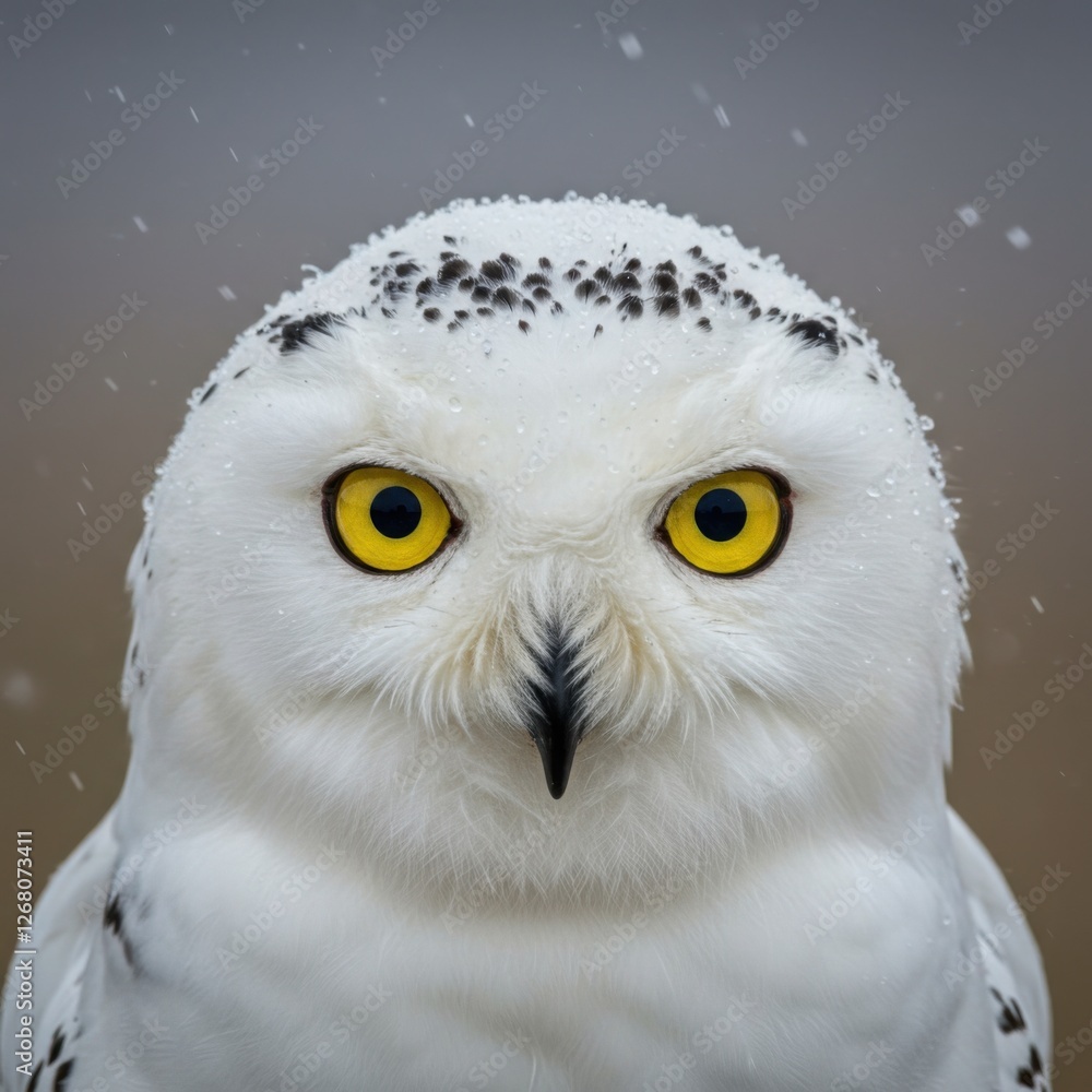 Fototapeta premium Snowy Owl Staring Directly into the Camera with Piercing Yellow Eyes