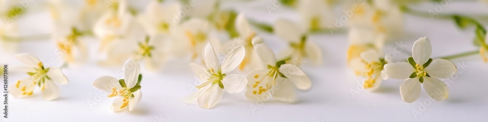 A still life photo of a table with a bouquet of white flowers arranged on top A still life photo of a table with a bouquet of white flowers arranged on top