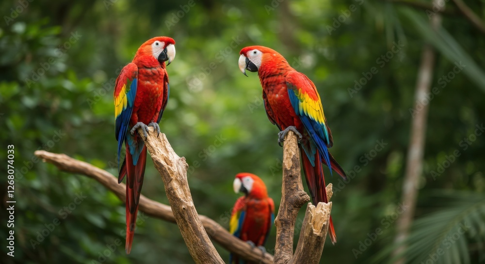 Obraz premium Colorful Macaws Perched in a Lush Tropical Rainforest