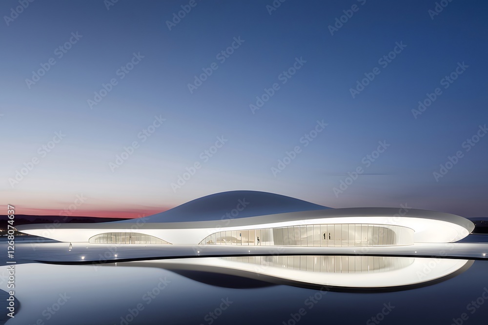 Modern building reflecting sunset, serene landscape Modern building reflecting sunset, serene landscape
