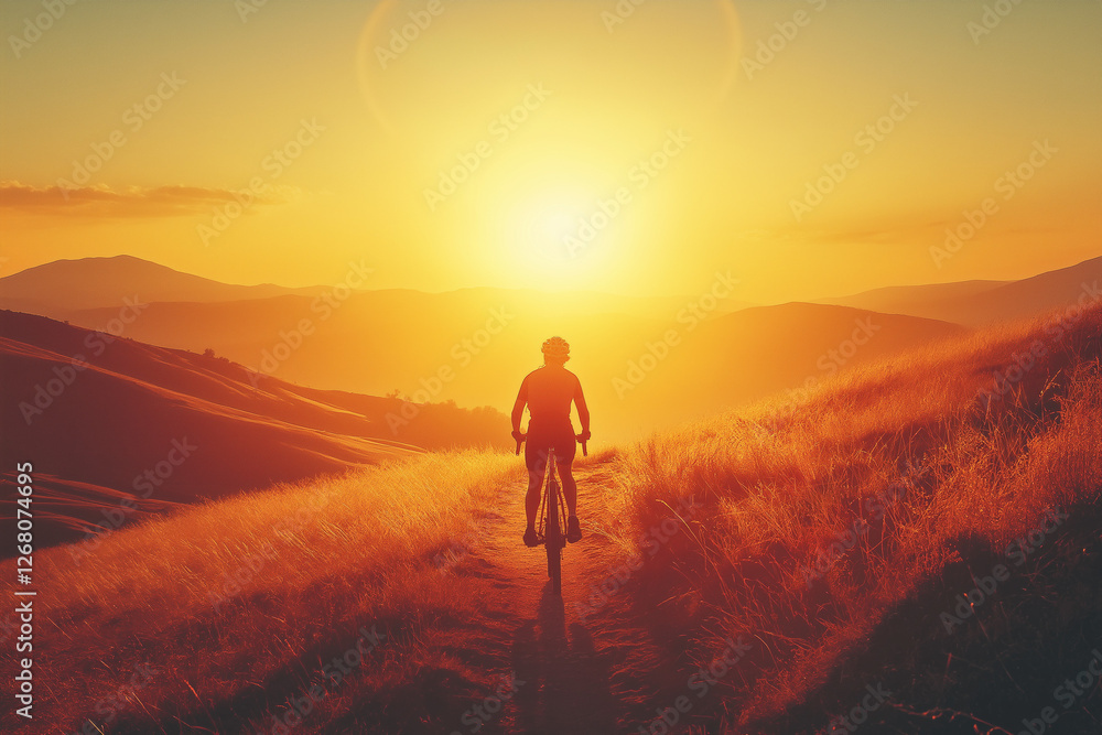 Fototapeta premium Cyclist riding on a hillside trail at sunset