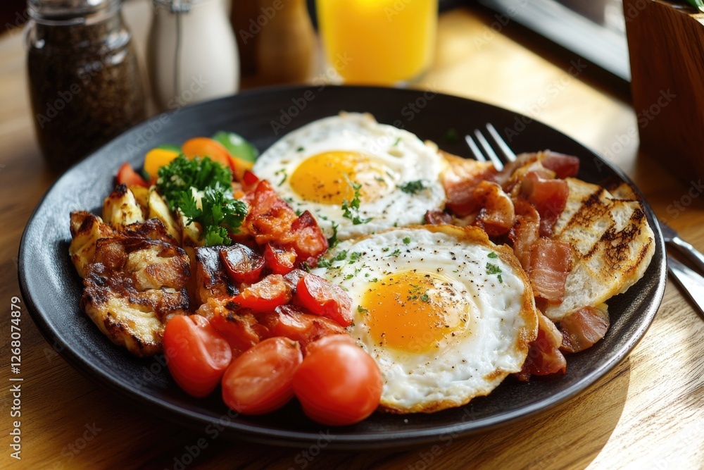 A plate of breakfast food with scrambled eggs, crispy bacon, and fresh tomatoes A plate of breakfast food with scrambled eggs, crispy bacon, and fresh tomatoes