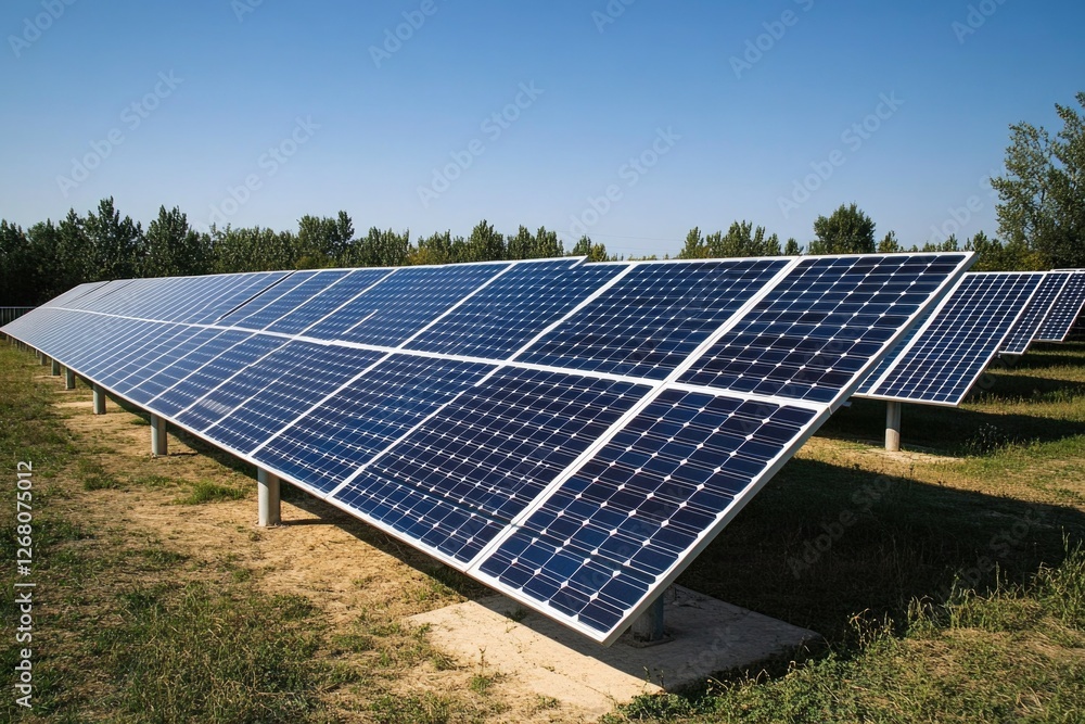 A row of solar panels installed in a field A row of solar panels installed in a field
