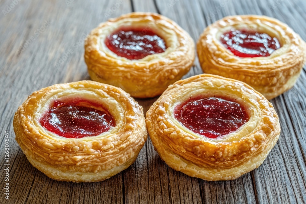 Fresh baked pastries arranged on a rustic wooden table, perfect for a bakery display or food styling Fresh baked pastries arranged on a rustic wooden table, perfect for a bakery display or food styling