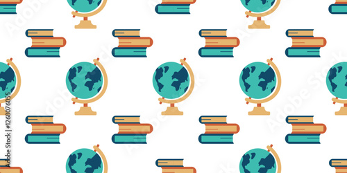 Pattern of stack of Books and Globe in row. School subjects, Geography lesson. Seamless print world map and Textbooks. Wrapping paper, education wallpaper. Study. Flat style. Color vector illustration