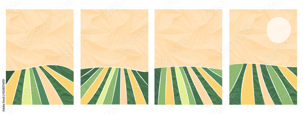Green rice fields abstract illustration, patchwork design of farmland, eco-friendly layout. Aerial view, textured collage of organic patterns on the farm's landscape. Brochure, poster, vector template