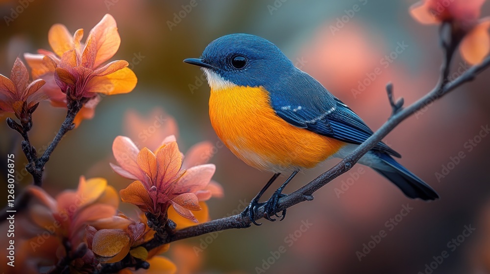 Vibrant blue and orange bird perched on a flowering branch. (1) Vibrant blue and orange bird perched on a flowering branch. (1)