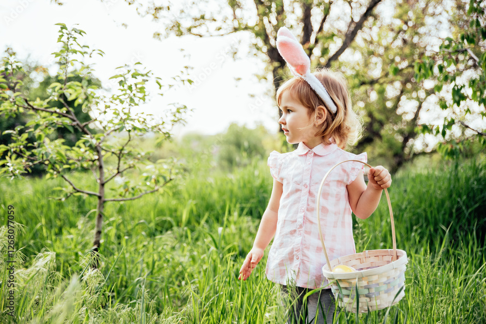 Fototapeta premium Easter egg hunt. Girl child Wearing Bunny Ears Running To Pick Up Egg In Garden. Easter tradition. Baby with basket full of colorful eggs.