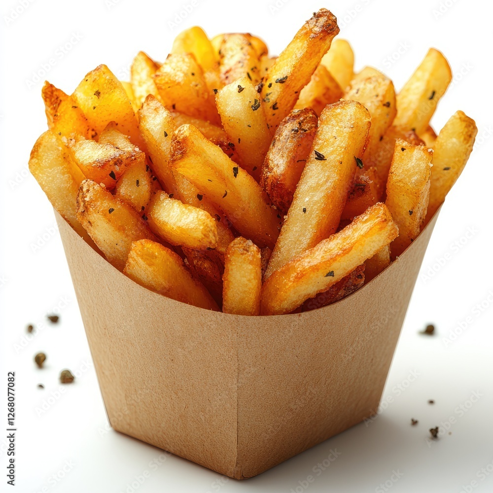 French fries isolated on white background. Fried potatoes, chips. Fast food. Photo of French fries for a banner or menu. French fries isolated on white background. Fried potatoes, chips. Fast food. Photo of French fries for a banner or menu.