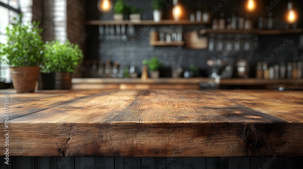 Rustic Wooden Table in Cozy Cafe with Plants and Warm Lighting offering a warm and inviting atmosphere Rustic Wooden Table in Cozy Cafe with Plants and Warm Lighting offering a warm and inviting atmosphere