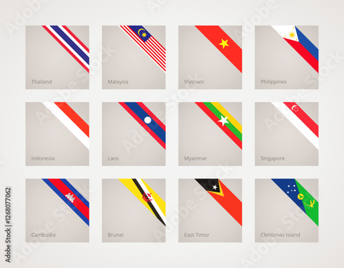 Corner slanted ribbon flags of Thailand, Malaysia ,Philippines, Indonesia, Brunei, Cambodia, Laos, Myanmar, Singapore, Vietnam, East Timor and Christmas Island