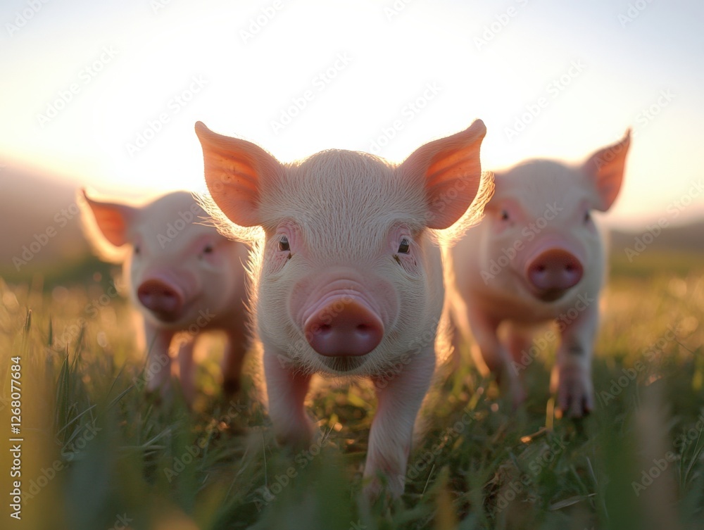 Three Cute Piglets in a Field at Sunset Three Cute Piglets in a Field at Sunset