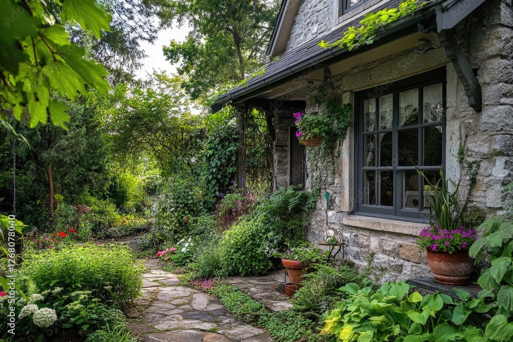 A picturesque scene of a stone path leading to a stone house, great for country or rural settings A picturesque scene of a stone path leading to a stone house, great for country or rural settings