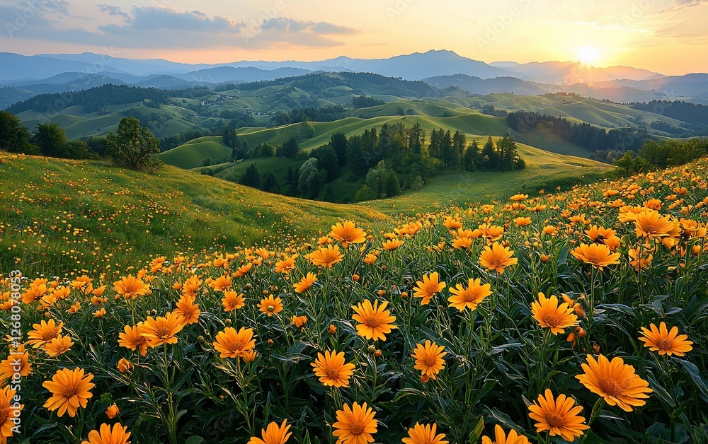 Fototapeta premium Sunset over rolling hills, wildflowers meadow