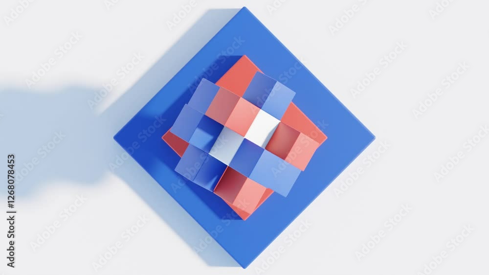 Abstract 3D render, digital cube composition with fluid motion in blue and red, seamless looping video for advertising and branding Abstract 3D render, digital cube composition with fluid motion in blue and red, seamless looping video for advertising and branding