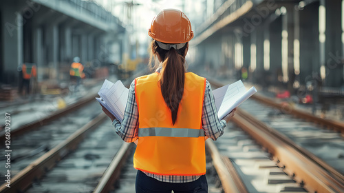 Engineer Surveying Railway Tracks: A female engineer, seen from behind, stands amidst railway tracks, holding blueprints, wearing a safety helmet and vest.