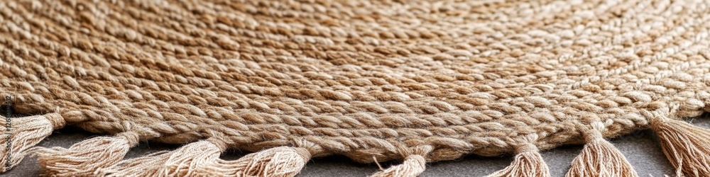 Close-up view of a intricately woven rug featuring decorative tassels, suitable for decorating interior spaces or as a design element Close-up view of a intricately woven rug featuring decorative tassels, suitable for decorating interior spaces or as a design element