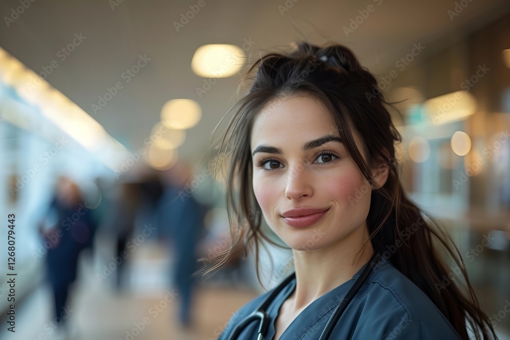Obraz premium Confident Young Nurse in Scrubs Poses in Hospital Corridor, Surrounded by Medical Equipment and Charts