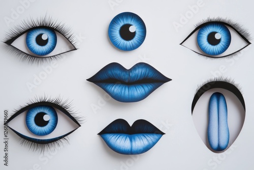 A close-up shot of blue eyes and lips on a white surface, perfect for beauty or makeup-related content