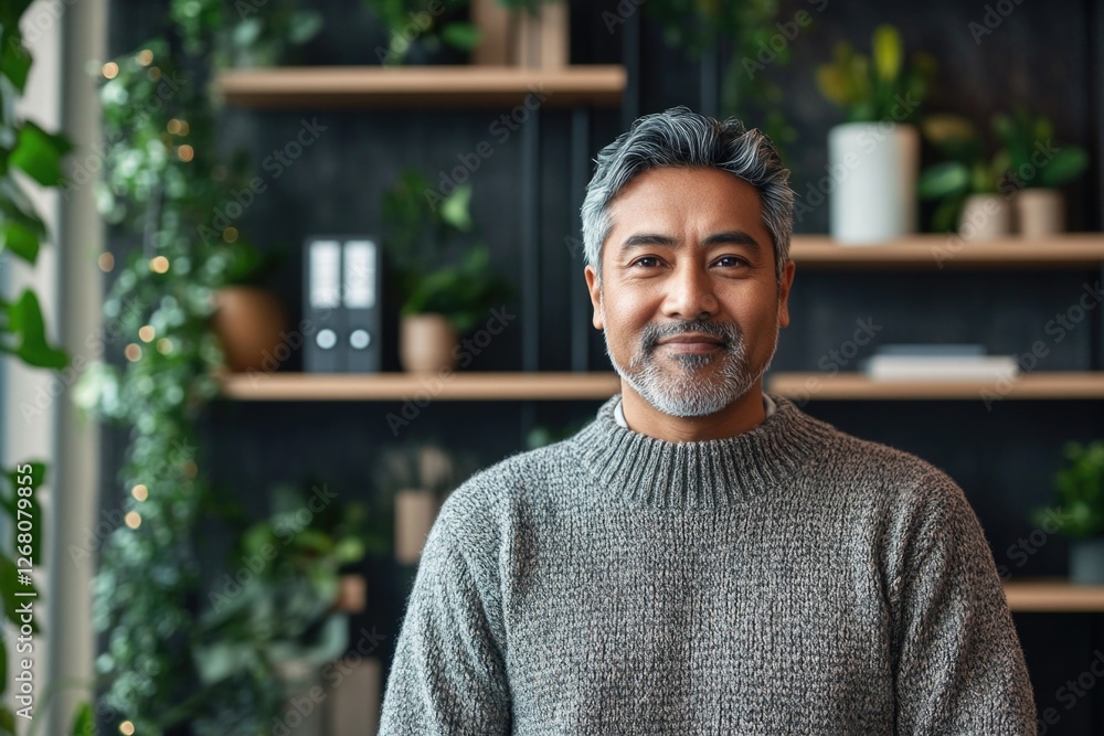 A person standing next to a shelf filled with plants and greenery, ideal for use as a background or props in still life photography A person standing next to a shelf filled with plants and greenery, ideal for use as a background or props in still life photography