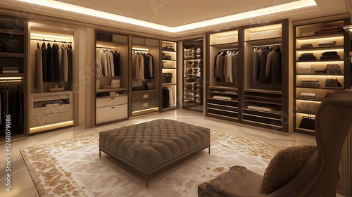 Luxurious Modern Walk In Closet Design With Ottoman