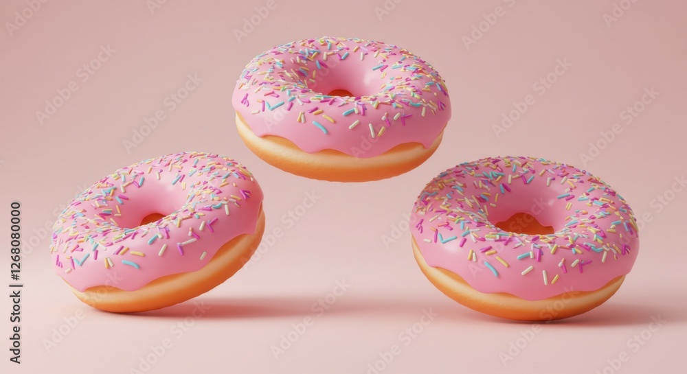 Floating pink-frosted donuts with sprinkles, captured in an artistic composition on a pastel pink background. Floating pink-frosted donuts with sprinkles, captured in an artistic composition on a pastel pink background.