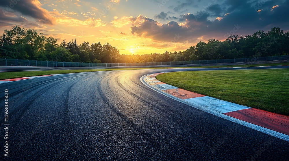 Naklejka premium Sunset race track curve, green trees background, speed, driving