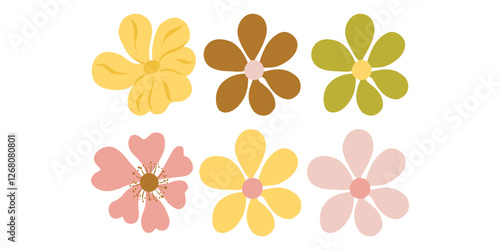 Set of different colorful flowers, yellow, pink, green flowers