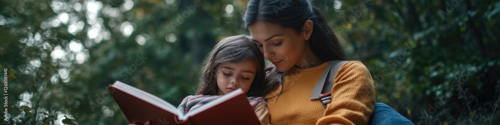 A mother and daughter sitting together in a forest, reading a book A mother and daughter sitting together in a forest, reading a book