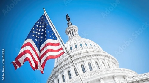 American flag in front of the U.S. Capitol building against a blue sky.