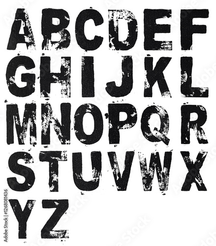 black lino ink abc letters, linocutting paint roller texture on white background. alphabet elements.