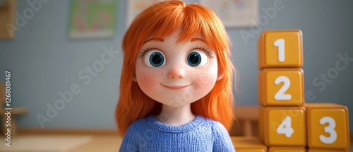 Cartoon girl with blocks in nursery.