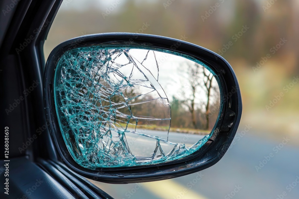 Broken car side view mirror with shattered glass, useful for illustrations about vehicle damage or repair Broken car side view mirror with shattered glass, useful for illustrations about vehicle damage or repair