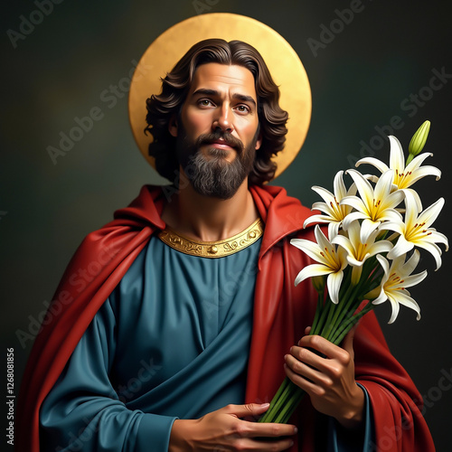 Saint Joseph holding a bouquet of lilies