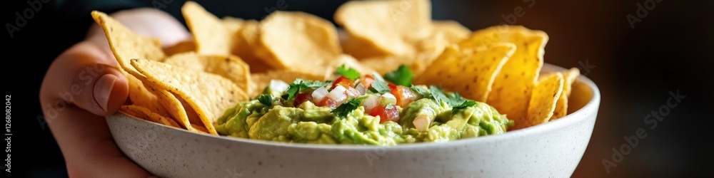 A person holding a bowl of chips and guacamole, perfect for party or gathering A person holding a bowl of chips and guacamole, perfect for party or gathering