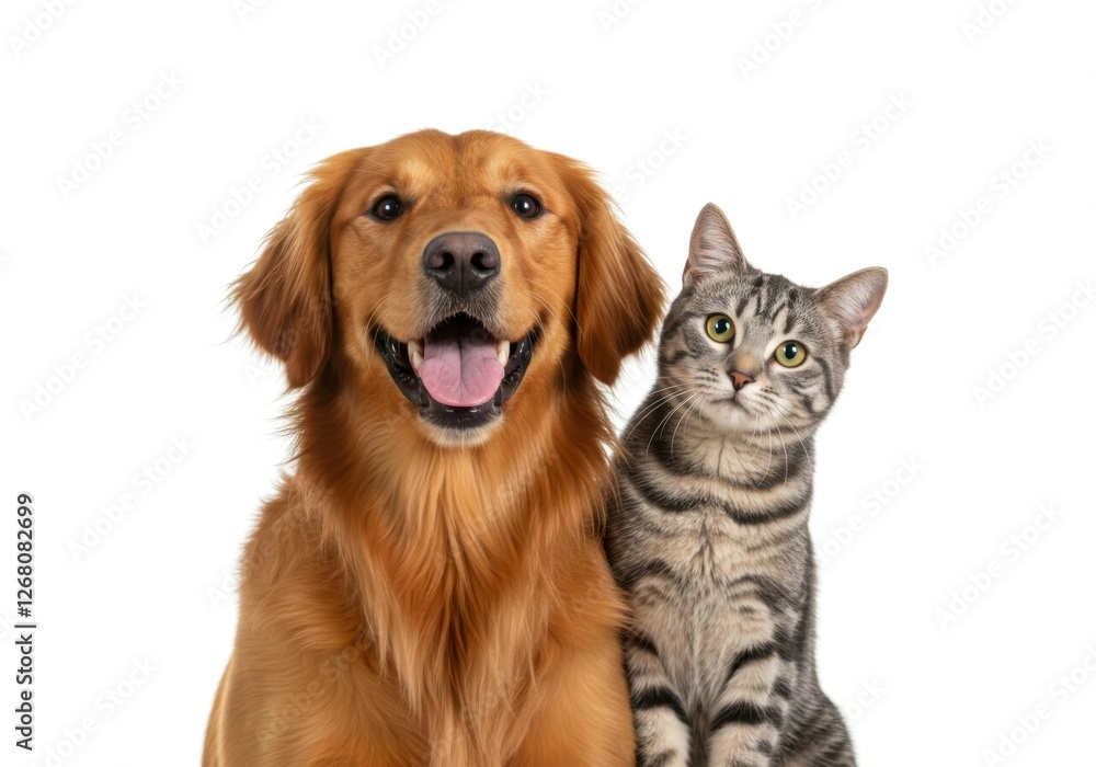 A happy retriever and a sweet kitten cuddle together, their bond emphasized by the soft white background. A happy retriever and a sweet kitten cuddle together, their bond emphasized by the soft white background.