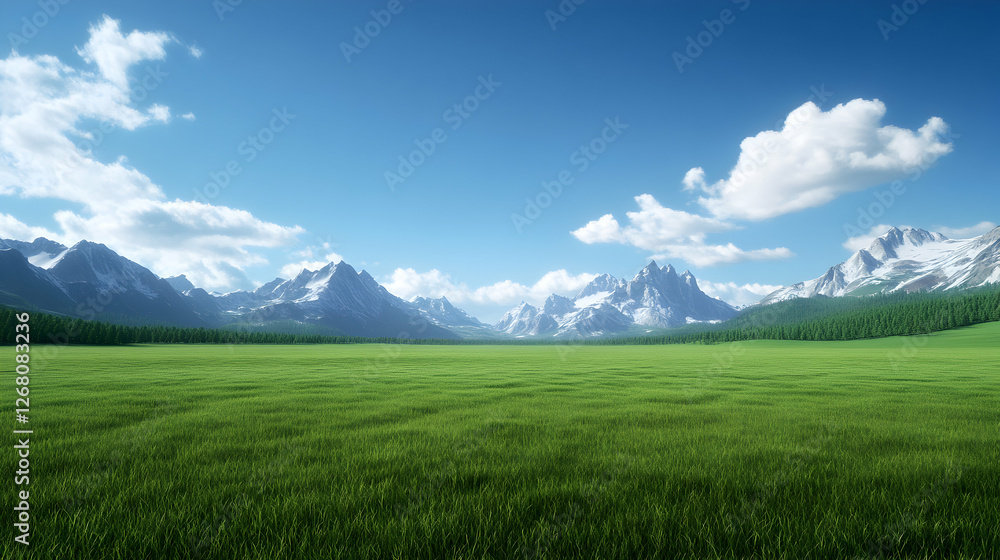 A breathtaking view of lush green fields stretching towards majestic snow-capped mountains under a clear blue sky, evoking a sense of tranquility and natural beauty. A breathtaking view of lush green fields stretching towards majestic snow-capped mountains under a clear blue sky, evoking a sense of tranquility and natural beauty.