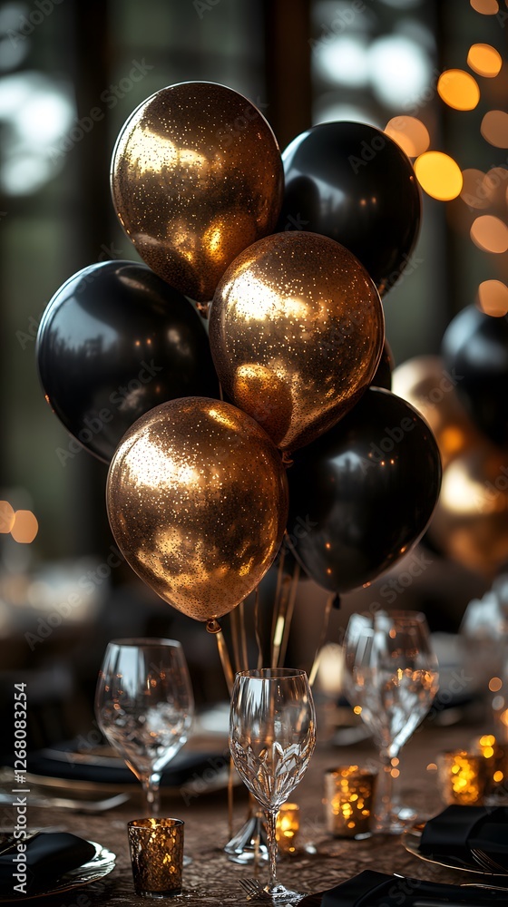 Naklejka premium An Opulent Evening Celebration Decorated with Black and Gold Balloons, Streamers, and Exquisite Table Settings