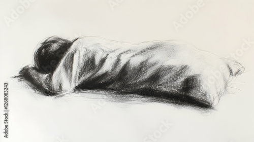 Charcoal Figure Reclining Studio Sketch, Peaceful Pose, Soft Lighting, White Background, Art Illustration