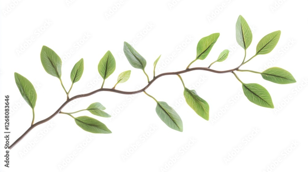A close-up of a branch with green leaves on a white background, ideal for use in designs where nature is the focus A close-up of a branch with green leaves on a white background, ideal for use in designs where nature is the focus