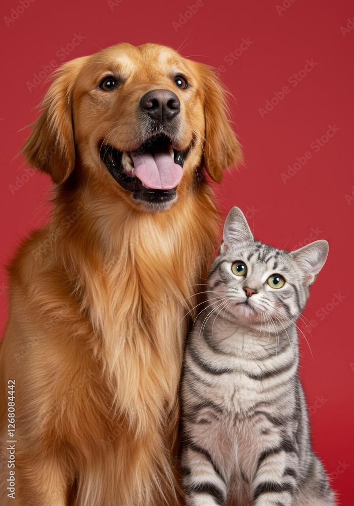 A smiling golden retriever and a cute cat embrace a playful moment against a rich red setting. A smiling golden retriever and a cute cat embrace a playful moment against a rich red setting.