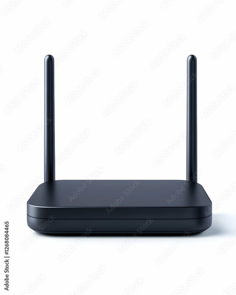 A modern black Wi-Fi router with two antennas, designed to enhance wireless internet connectivity in homes and offices, showcasing sleek technology and efficient design. A modern black Wi-Fi router with two antennas, designed to enhance wireless internet connectivity in homes and offices, showcasing sleek technology and efficient design.