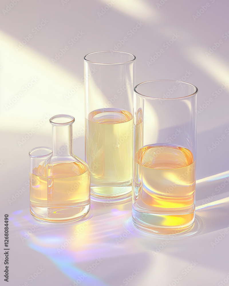 Laboratory glassware containing yellow liquid under sunlight creating rainbow reflections Laboratory glassware containing yellow liquid under sunlight creating rainbow reflections