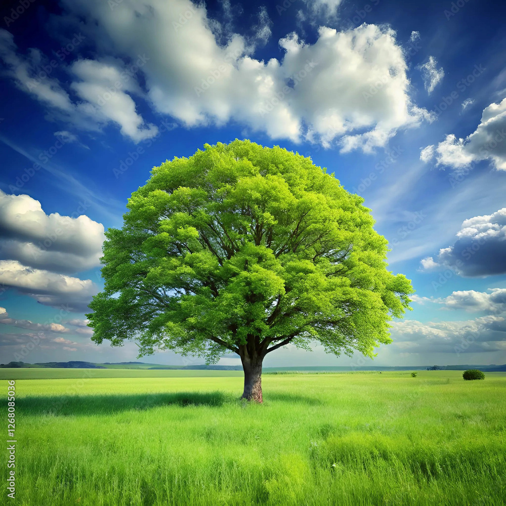 Obraz premium A magnificent, lush green tree stands tall in the heart of an expansive