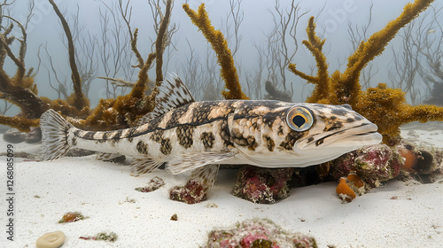 Spotted fish on ocean floor, coral reef background; underwater wildlife photography photo