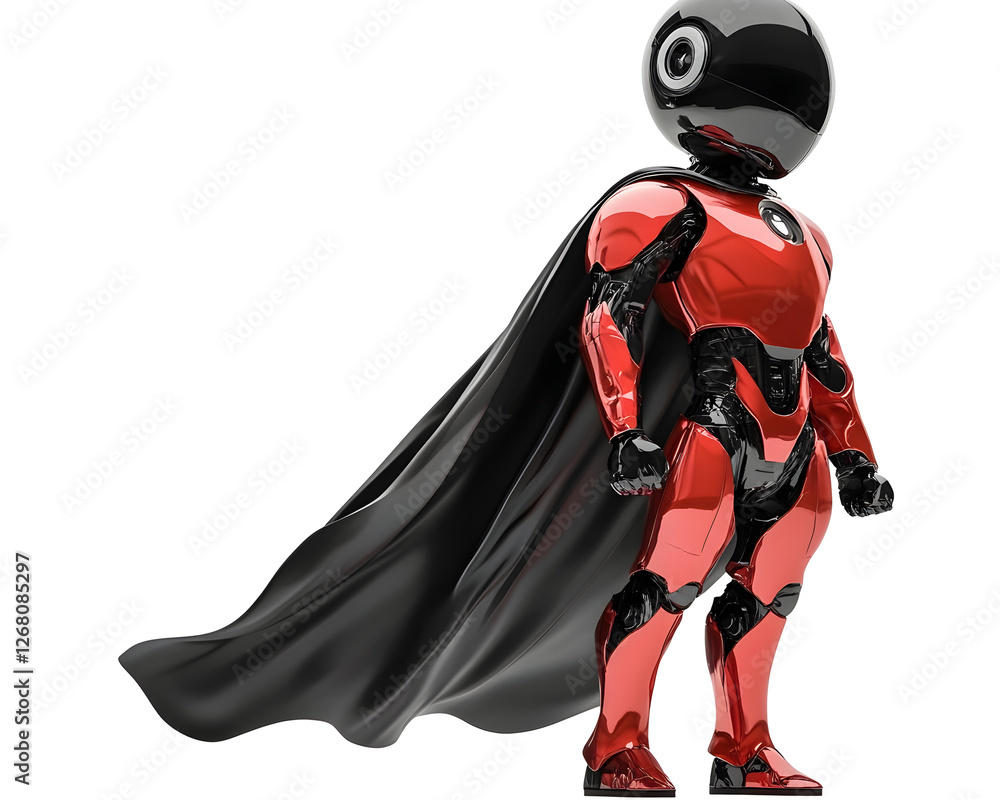 Red robotic figure with a black helmet and cape, resembling a futuristic superhero. Red robotic figure with a black helmet and cape, resembling a futuristic superhero.