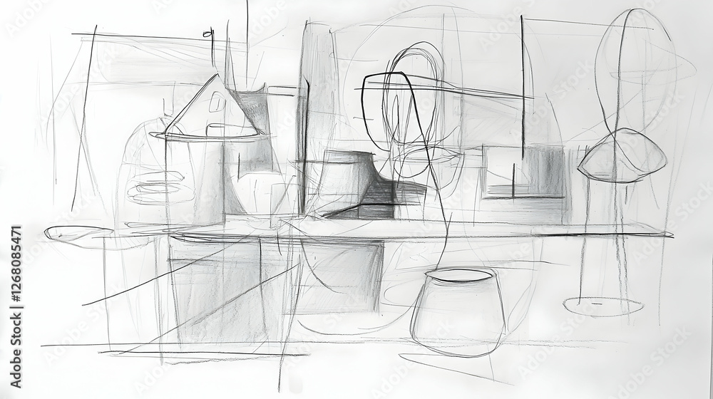 Abstract pencil sketch still life on white paper, depicting house, objects, and geometric shapes; design concept Abstract pencil sketch still life on white paper, depicting house, objects, and geometric shapes; design concept