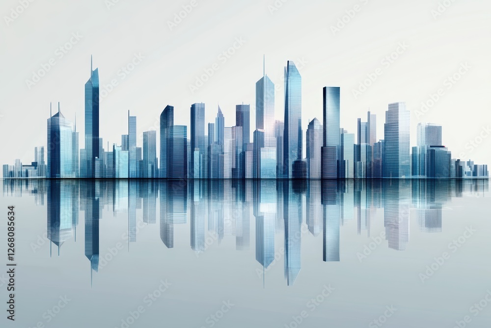Futuristic City Skyline Reflected in Calm Waters Under a Gentle Blue Sky Futuristic City Skyline Reflected in Calm Waters Under a Gentle Blue Sky