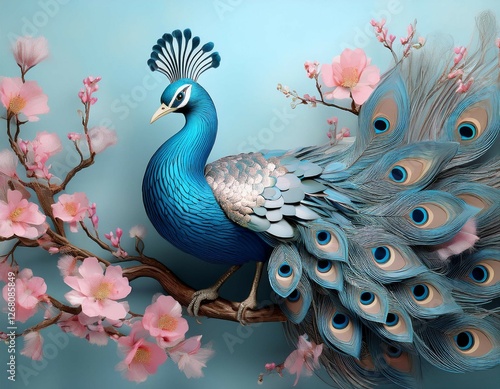 Wallpaper Mural 3d blue peacock with spread tail feathers and pink flowers on a branch against a textured light blue background Torontodigital.ca