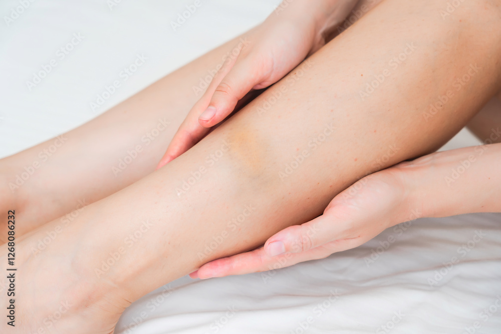 View on the woman leg with bruise, hematoma View on the woman leg with bruise, hematoma